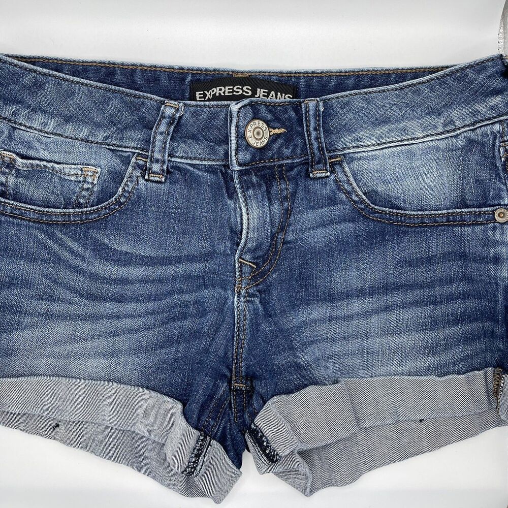 Express Jeans Blue Denim Shorts Women's Rolled Hemmed 5 Pocket Daisy Duke Size 0